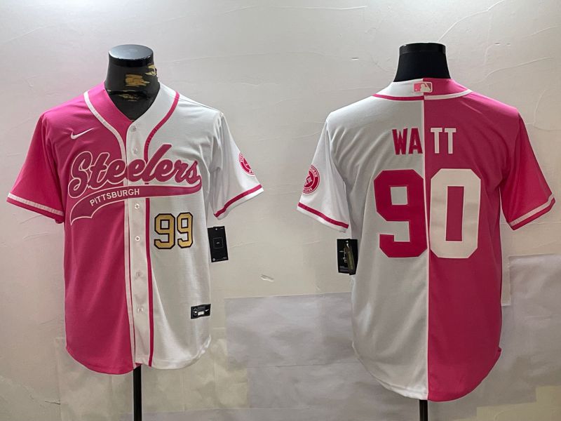 Men Pittsburgh Steelers #90 Watt white pink Joint Name 2024 Nike Limited NFL Jersey style 2